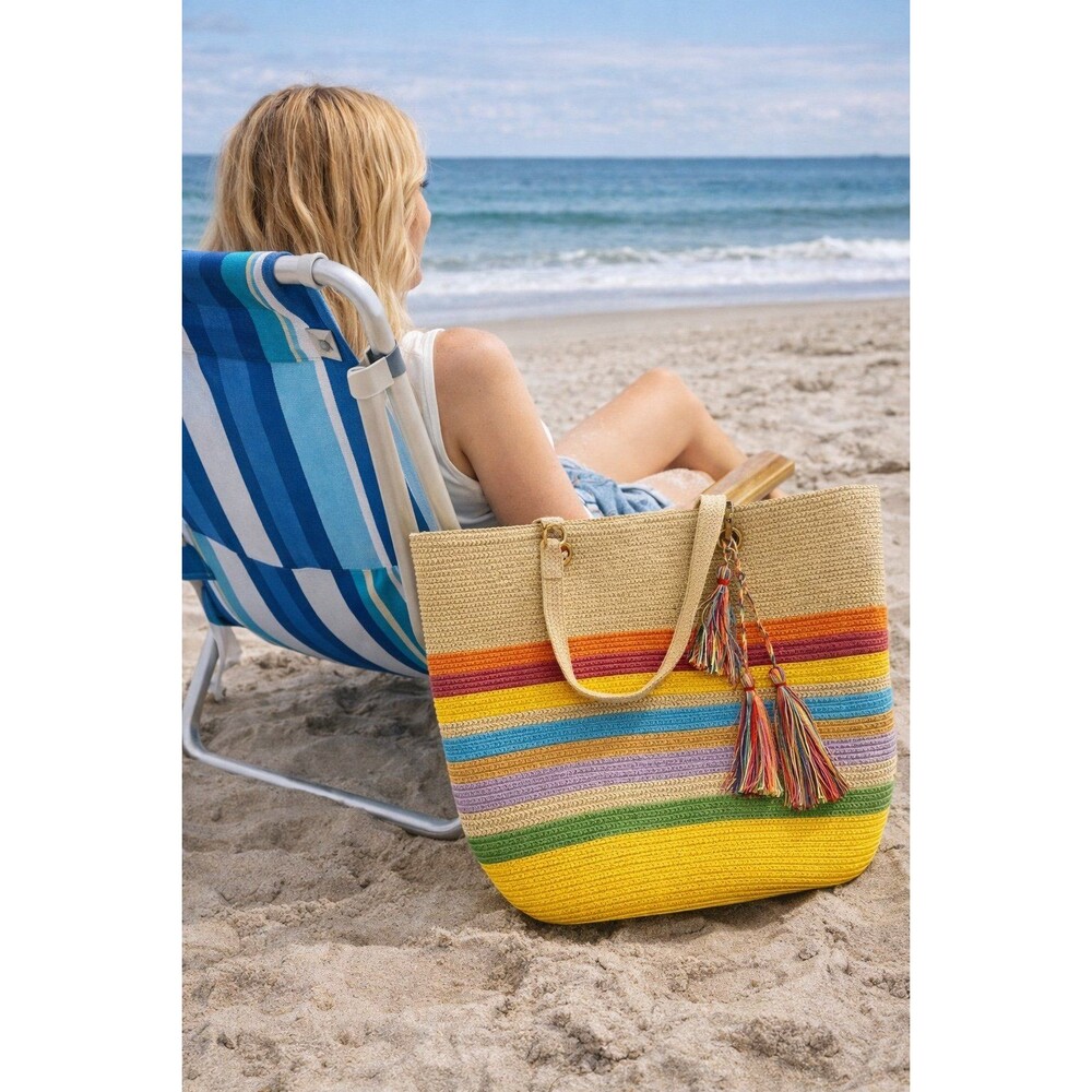 Unbranded Beach Tote Bag Large Multicolor EUC Boho Metallic Tassel Shoulder Bag
